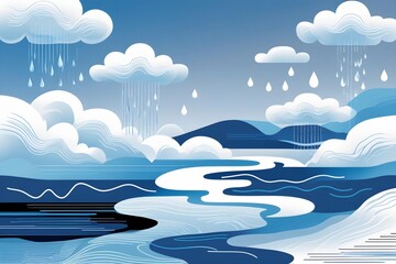 A clean and modern vector showing the water cycle, including clouds, rain, rivers, and groundwater