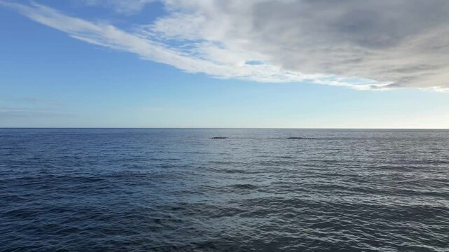 Racing across ocean toward distant outriggers in Hawaii