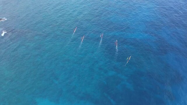 Overhead view of outrigger canoes paddling blue ocean