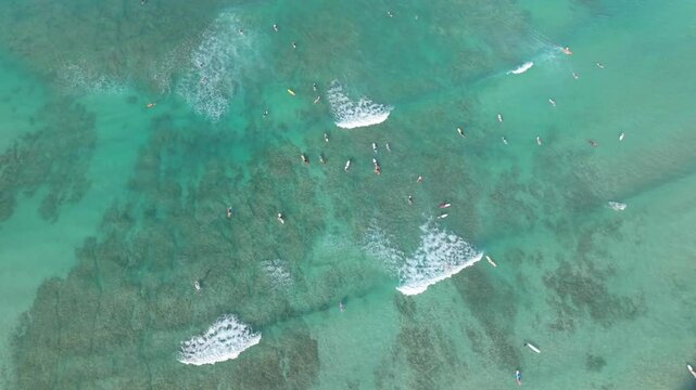 Overhead surfers blue water small waves Waikiki Beach