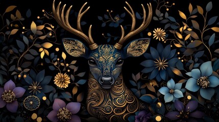 Floral surrounded intricate deer head artwork - close-up digital illustration in dark nature environment
