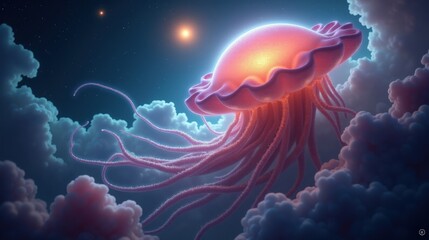 Naklejka premium A vast cosmic nebula resembling an ethereal jellyfish, glowing tendrils of ionized gas drifting through space, pulsars flashing in the distance