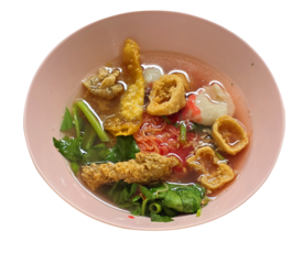 Pink Noodle Soup. Thai called " Yen-ta-fo " sea food soup with or with out noodles , vegetable and tomato sauce