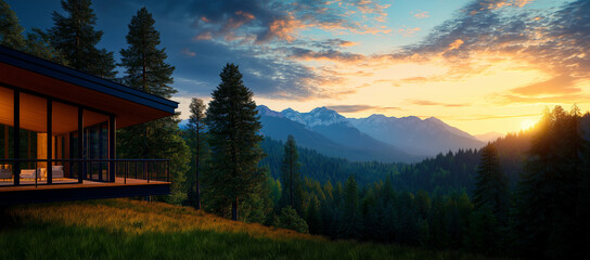 Fototapeta premium Modern luxury mansion with mountain view at sunset, surrounded by trees and nature beauty. serene escape into wilderness, perfect for relaxation and inspiration