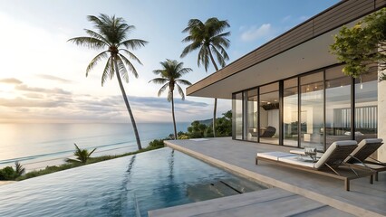 Fototapeta premium Modern home with tropical beach and palm trees.