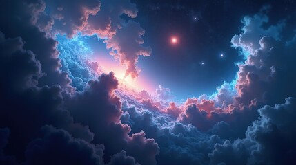 A vast cosmic nebula resembling an ethereal jellyfish, glowing tendrils of ionized gas drifting through space, pulsars flashing in the distance