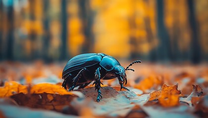 Autumn beetle in forest leaves