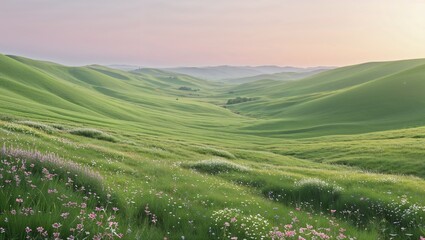 Obraz premium Green hills background, stretching to the horizon under a pink sky, serene landscape