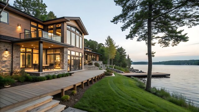 Luxury waterfront home, lakeside villa with modern exterior.