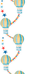 Seamless border vertical hand drawn watercolor cartoon illustration. Air Balloon with garlands stars and flags isolated from background. For decoration and design, posters, postcards, invitations