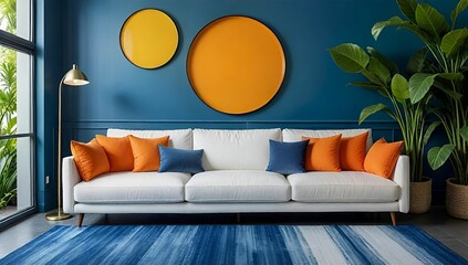 This image features a modern living room with a white couch decorated with orange and blue throw pillows.	
