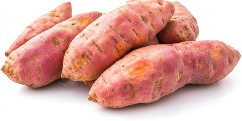 Fresh sweet potatoes in shades of pink and orange, arranged in a cluster on a clean white background, highlighting their natural texture and shape.