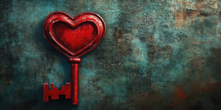 Red heart-shaped key positioned on a textured blue-green background, symbolizing love and inspiration, perfect for romantic themes and quotes.