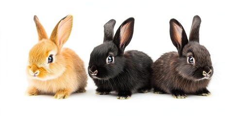 Fototapeta premium Three small rabbits in orange, black, and brown positioned side by side on a white backdrop with ample copy space for versatile use.