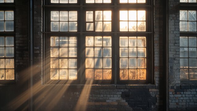 Large windows with bars background, abandoned building, sunlight streaming through