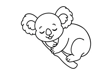 Line art of a sleepy baby koala hugging a small tree branch designed for coloring page.eps