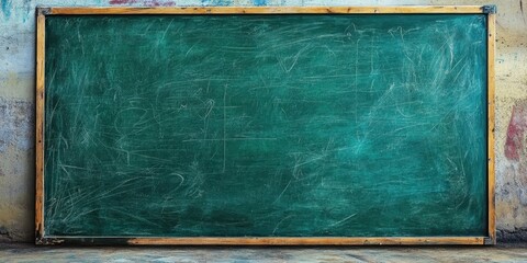 Chalkboard background with faded chalk marks in green hue, wooden frame positioned centrally against weathered wall in school education setting