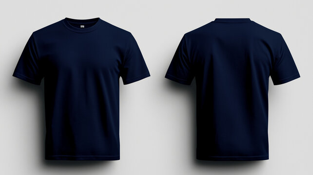 Navy blue t shirt mockup showcasing front and back views, perfect for apparel design. Ideal for branding and promotional purposes, this template highlights simplicity and versatility