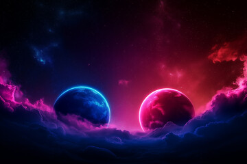 Two planets colliding in cosmic scene, one blue and other red, surrounded by vibrant clouds and starry background, creating dramatic and colorful atmosphere