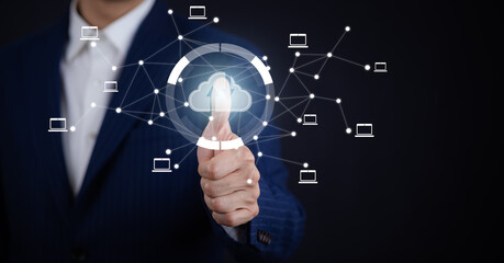 Cloud technology concept Global network of metaverse systems concept, Man hand touch data with internet cloud technology and File Transfer backup copy,Global business  Internet for Telecommunication