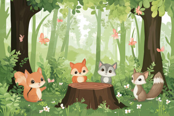 Naklejka premium Cute woodland animals gathered around tree stump in nature