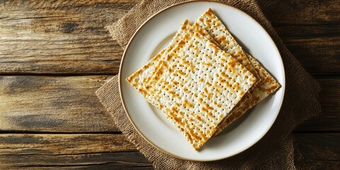 Crispy golden matzo crackers arranged neatly on a white plate atop a textured burlap tablecloth with rustic wooden background.