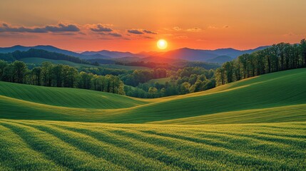 Obraz premium Sunset over rolling hills, green fields