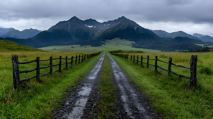 Fototapeta premium Mountainous landscape, road, fence, rainy day, travel photography