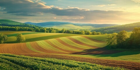 Vibrant rolling hills landscape at sunset featuring green and golden fields with soft waves under a colorful sky with clouds and distant mountains.