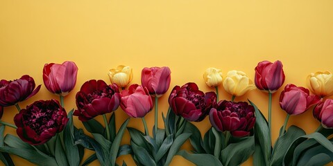 Vibrant flat lay of spring flowers featuring colorful tulips and deep burgundy peonies on a bright yellow background with ample negative space for text.
