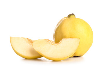 Fresh quince with cut pieces on white background