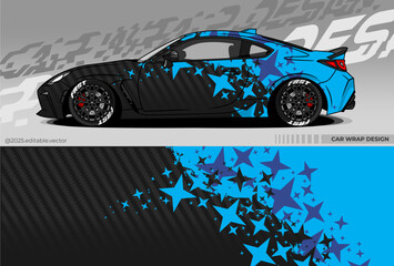 Vector Graphic of car wrap design. Livery Car decal with black and blue colour. There are stars scattered in the design and carbon pattern. Suitable for racing, drift, rally, or daily use © Gayuhdesu