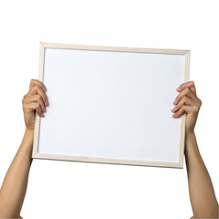 Hands holding blank white paper against white background