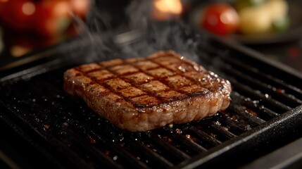 Sizzling steak on grill, restaurant ambiance, steaming, fresh vegetables in background