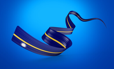 Flag Of Nauru Shiny Waving Nauru Ribbon Flag Isolated On Blue Background 3d Illustration