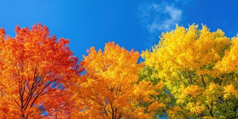 Colorful autumn trees display vibrant shades of red, orange, and yellow against a clear blue sky with a few wispy clouds for added contrast