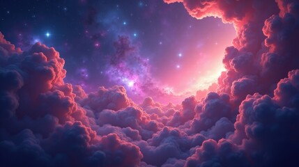 A dense, colorful nebula expanding like a celestial storm, swirling clouds of ionized gas illuminated by newborn stars, a dreamlike fusion of vibrant purples, pinks, and deep blues.