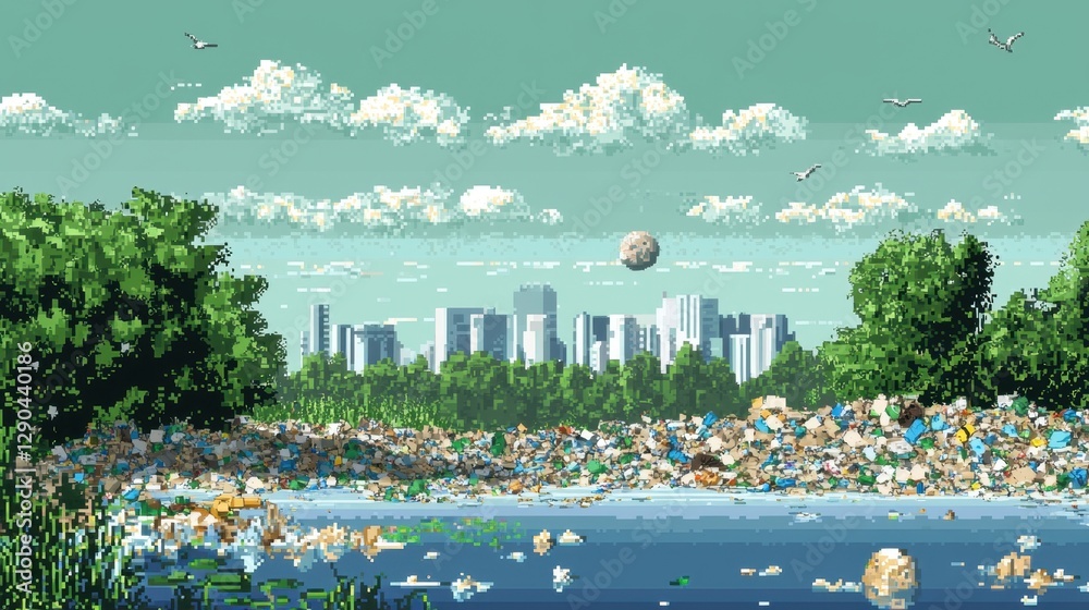 Fototapete a side-scrolling pixel art world, where a tiny character navigates through mountains of garbage on a