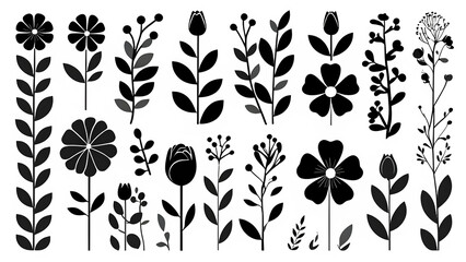 Black flower vector set feature abstract floral design silhouettes, and geometric patterns. Ideal for decoration, logos, and design projects. Includes minimalist botanical elements for creative illust