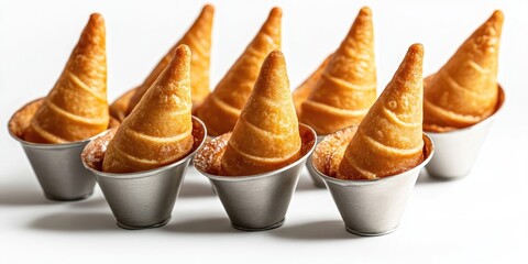 Golden pastry cones filled with a creamy treat arranged in silver cups on a light background, creating an inviting dessert display.