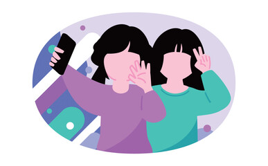 10代の日本人女性二人がスマホでセルフィー自撮りする姿：友達と撮影を楽しむ顔なしのイラスト