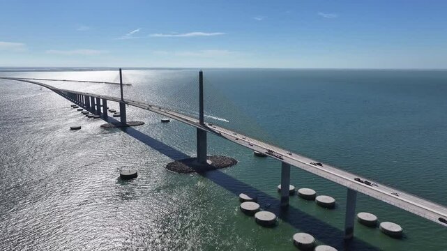 Sunshine Skyway Bridge At Saint Petersburg In Florida United States. Highway Road. Bridge Landscape. Freeway Road Scene. Sunshine Skyway Bridge At Saint Petersburg In Florida United States.