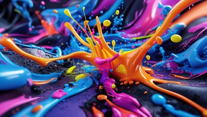Paint Splash. Colorful orange blue pink paint splashes on black surface. Wet vibrant colors in motion create abstract art background.
