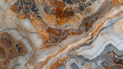 Marble stone texture. Brown orange beige swirls patterns. Abstract rock background with cracks veins and dark inclusions