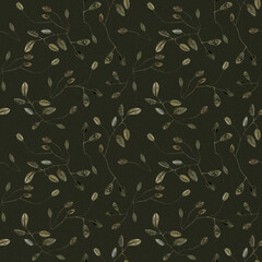 Leaves and twigs seamless pattern watercolor and pencil hand drawn in earthy green warm colors. 