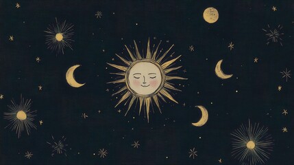 A whimsical sun and moon wall print, perfect for spiritual decor,Ai generative