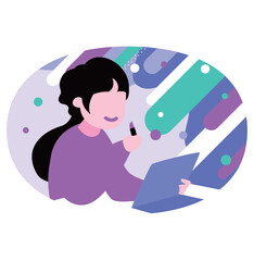 メイクアップ・化粧をする日本人女性の俯瞰イラスト_メイク中・メイク直し・メイクアップアーティスト