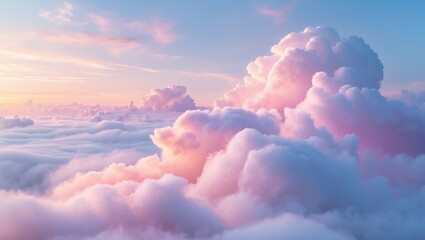 Pink Clouds Sky. Fluffy bright clouds at morning sunrise. Beautiful colorful sky landscape with pink, blue pastel tones.