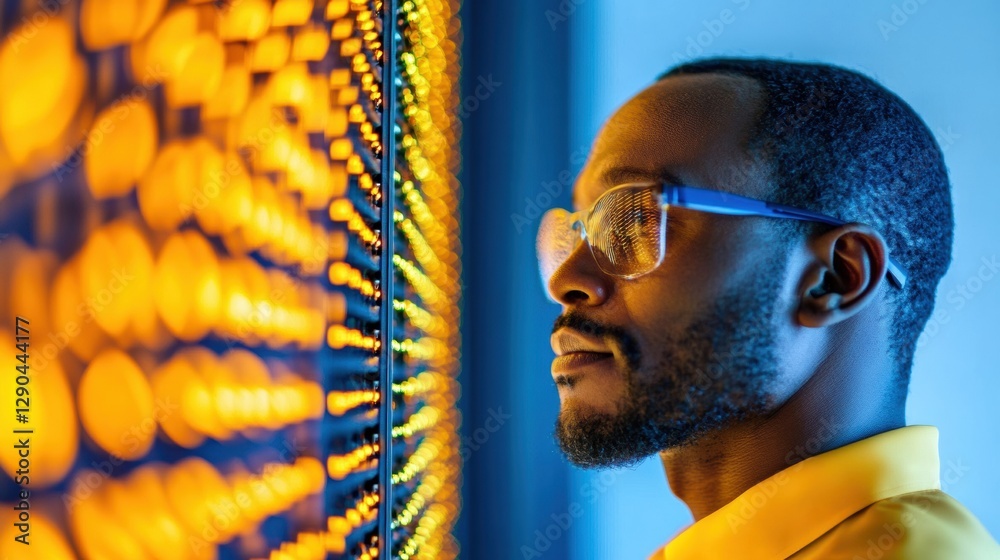 Poster Tech Chic Data Solutions Edgy Digital Engineer Analyzing Luminous Server Panels in Modern Data Center - Business Efficiency and Infrastructure Optimization
