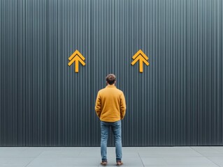 Modern Tech Strategy Visualization Male IT Specialist Viewing Arrows on Black Metal Wall - Innovative Business Decision Making and Digital Transformation